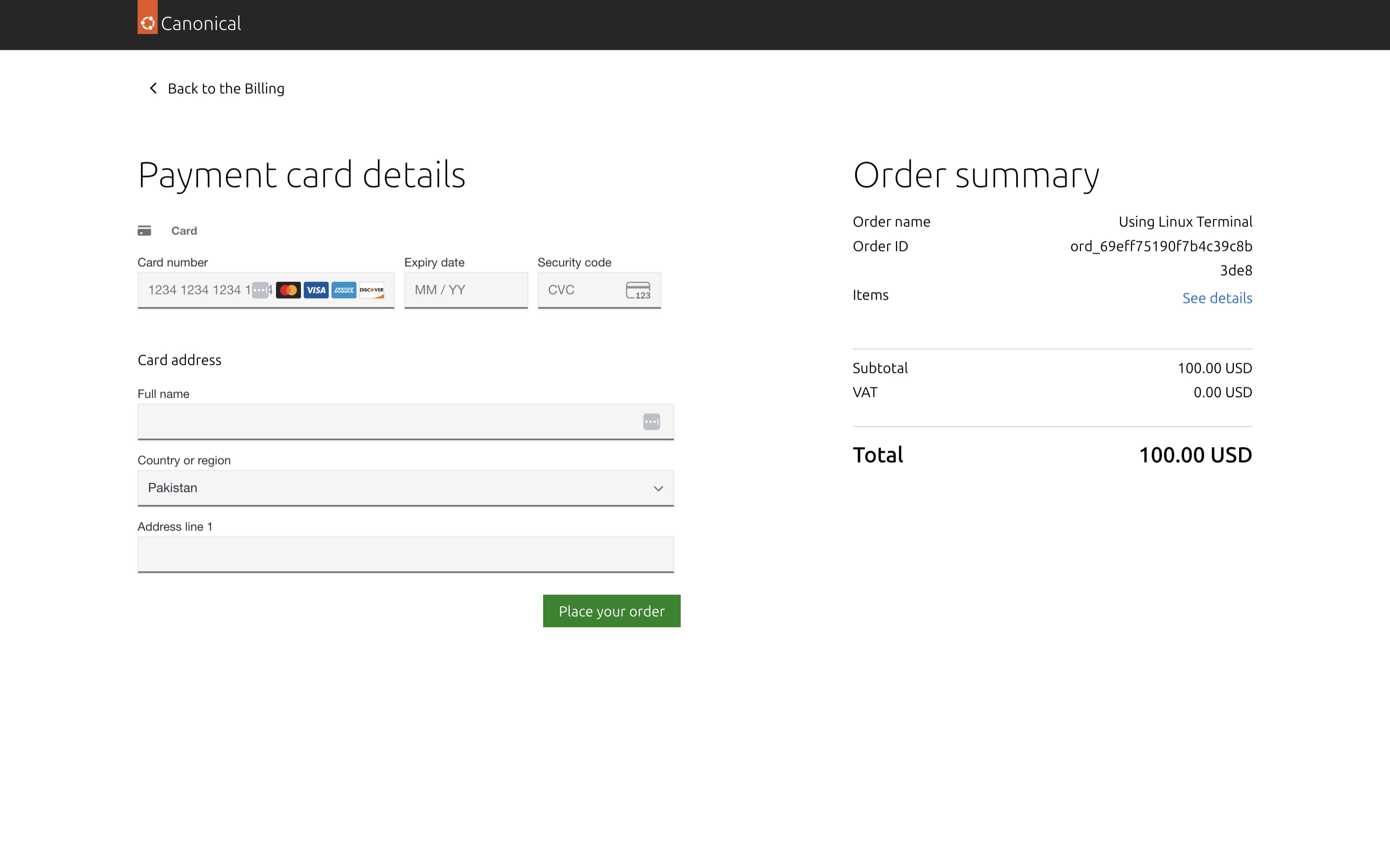 Canonical Academy payment and order summary