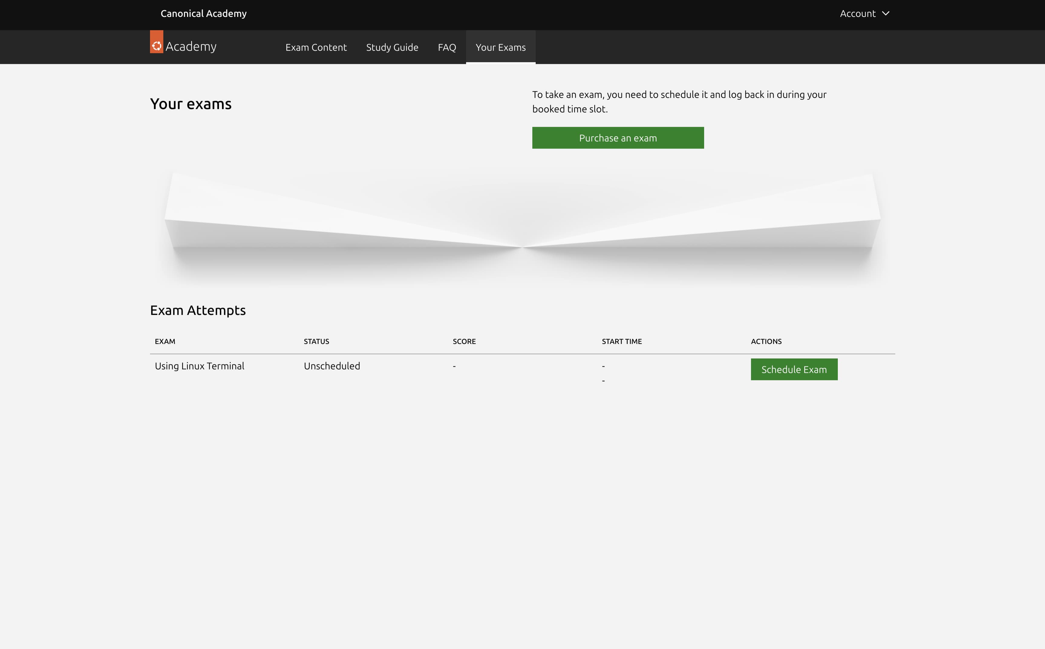 Canonical Academy exam dashboard showing attempt status and scheduling actions