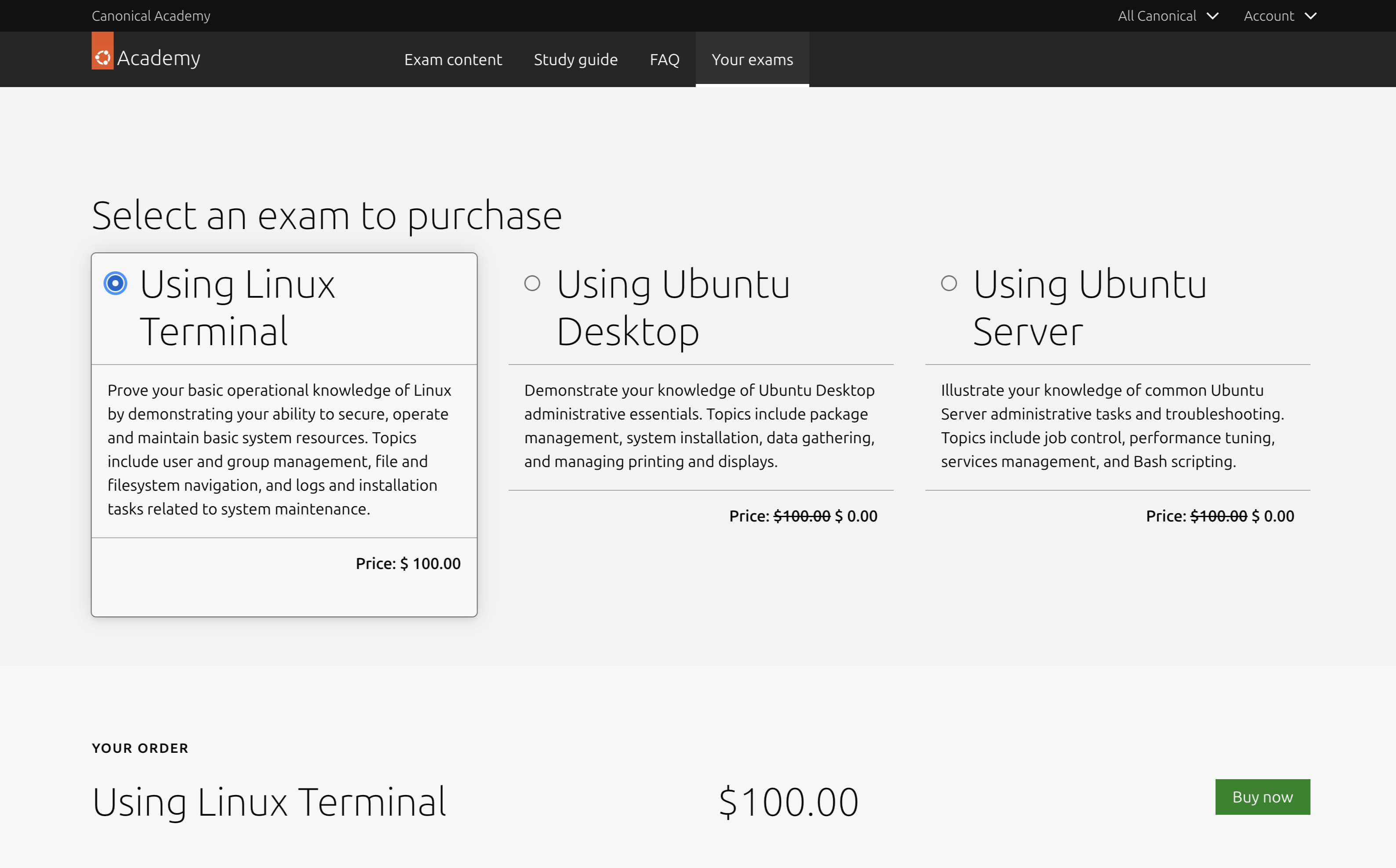 Canonical Academy checkout page