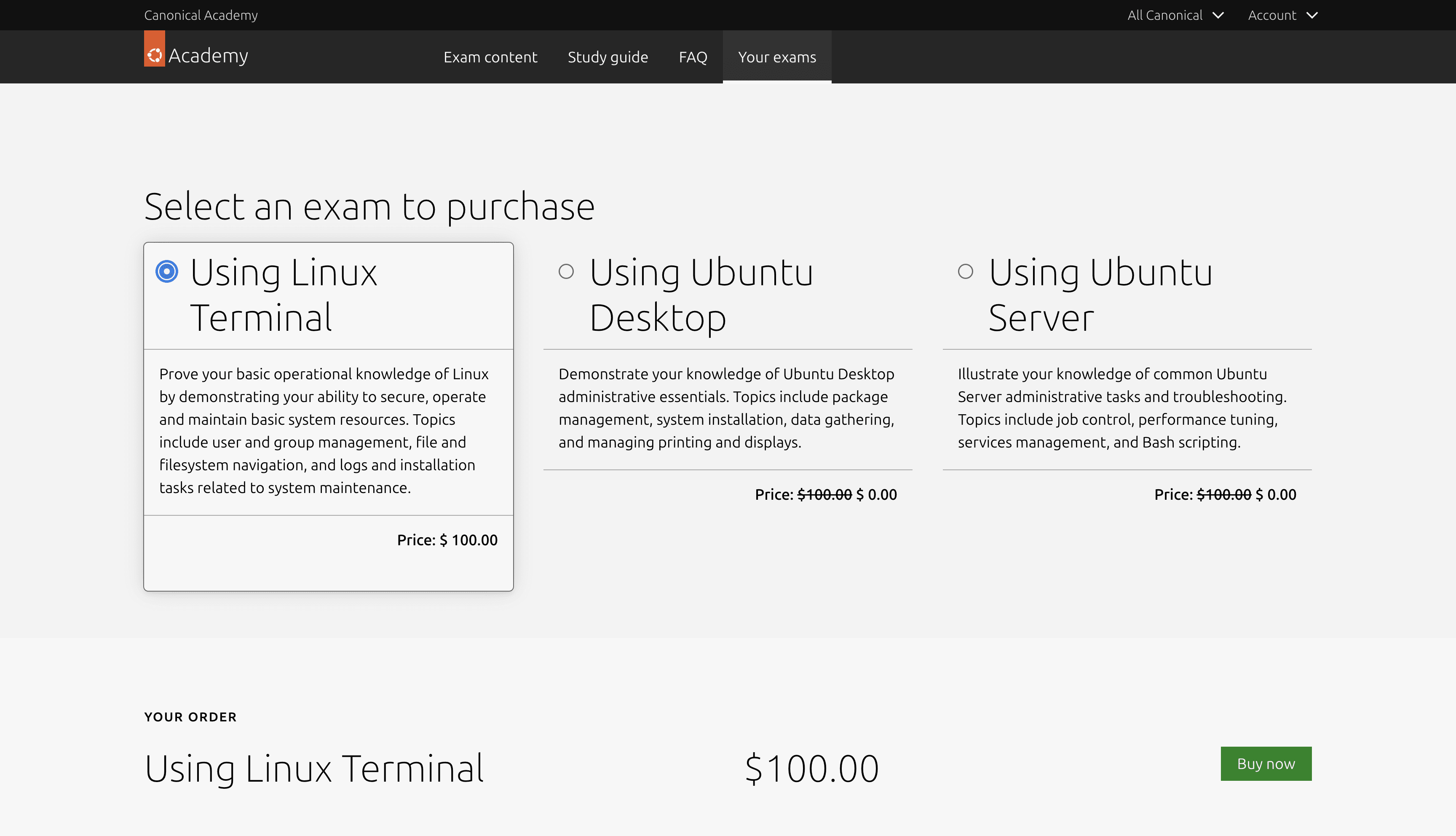 Canonical Academy exam selection page
