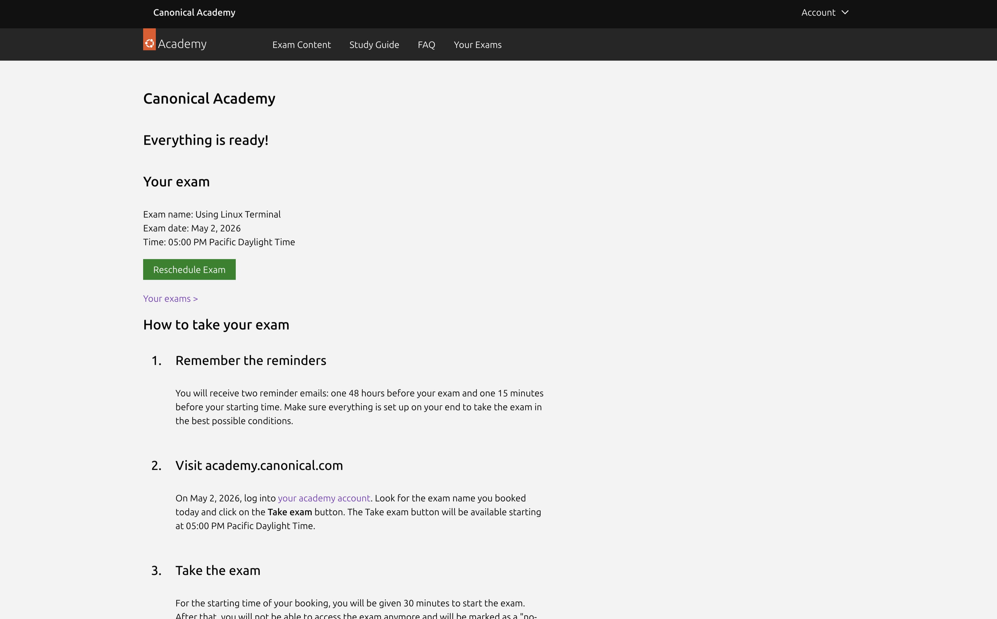 Canonical Academy confirmation page