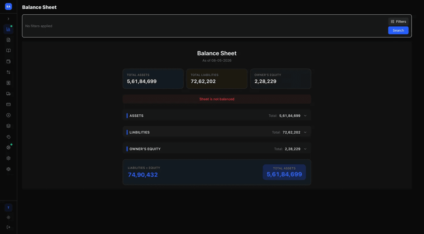 EasyAccounts balance sheet with assets, liabilities, and equity