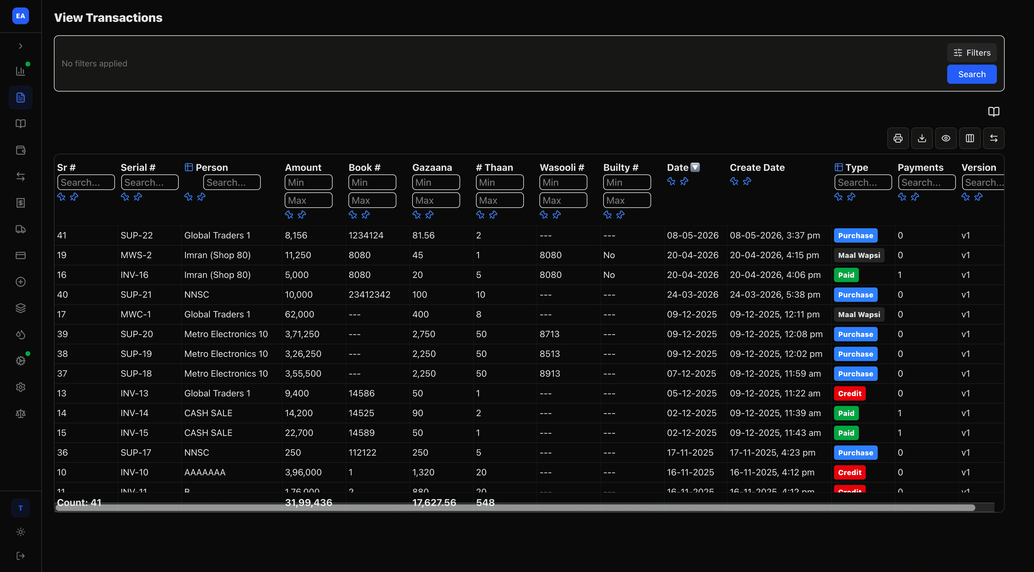 EasyAccounts transactions list with party, amount, and book references