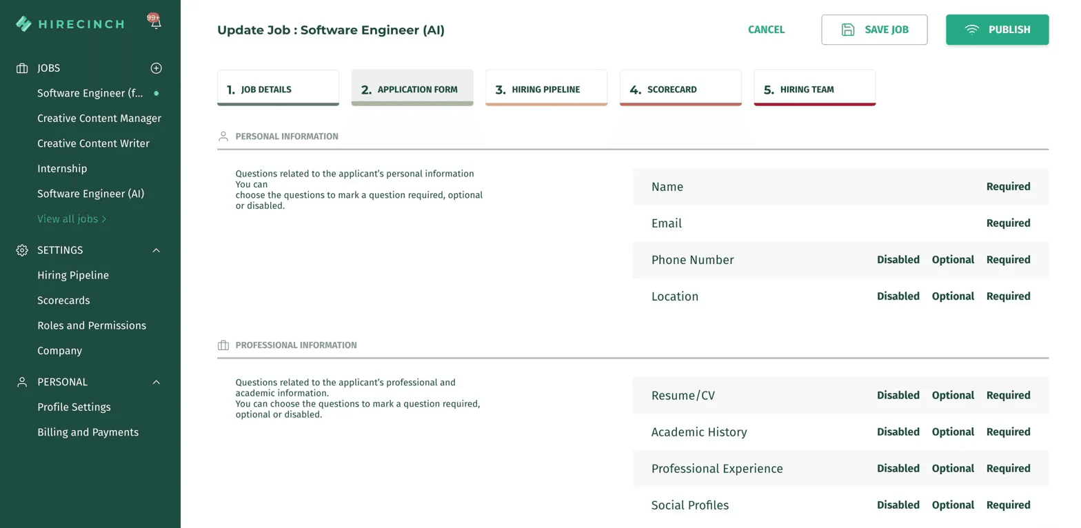 Hirecinch application form builder
