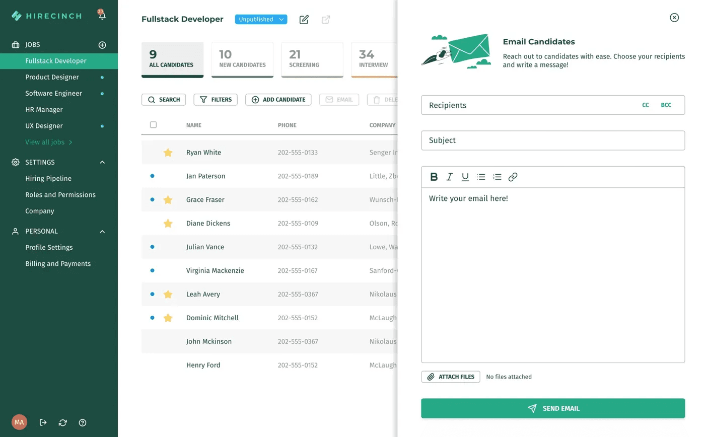 Hirecinch candidate email composer