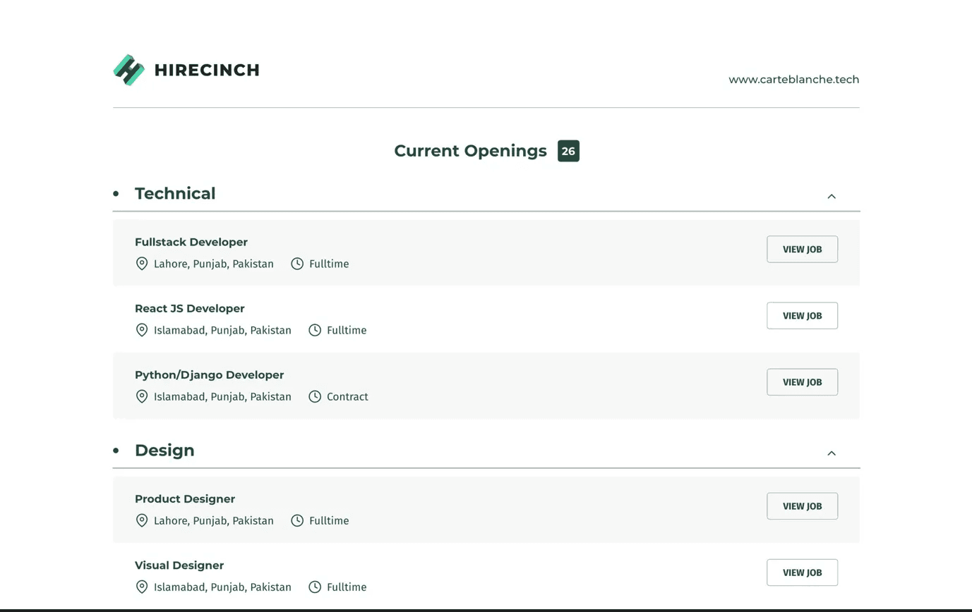 Hirecinch public careers page listing open roles