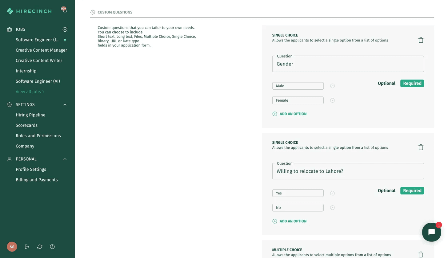 Hirecinch custom question builder